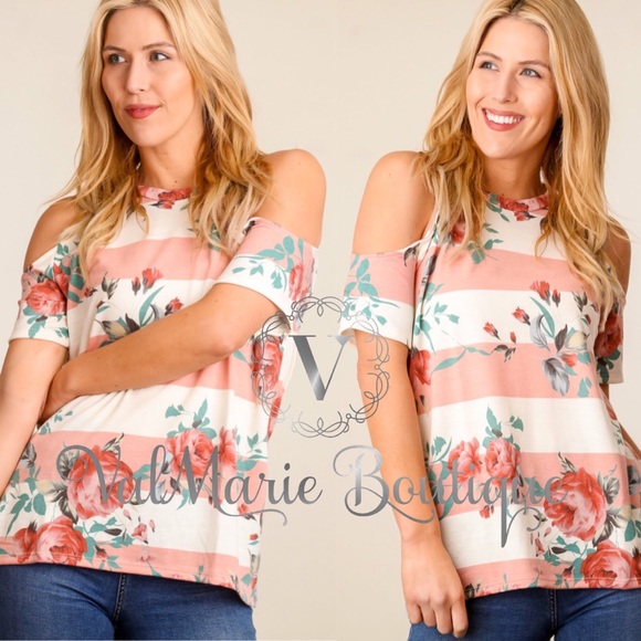 Coral striped floral cold shoulder top - Picture 2 of 3